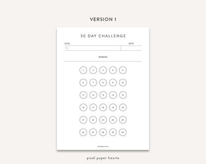 30 Day Challenge Tracker - Printable Template